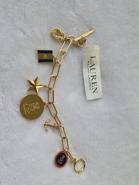 Lauren Ralph Lauren Gold-Tone Nautical Charm Bracelet with Navy and Red Enamel